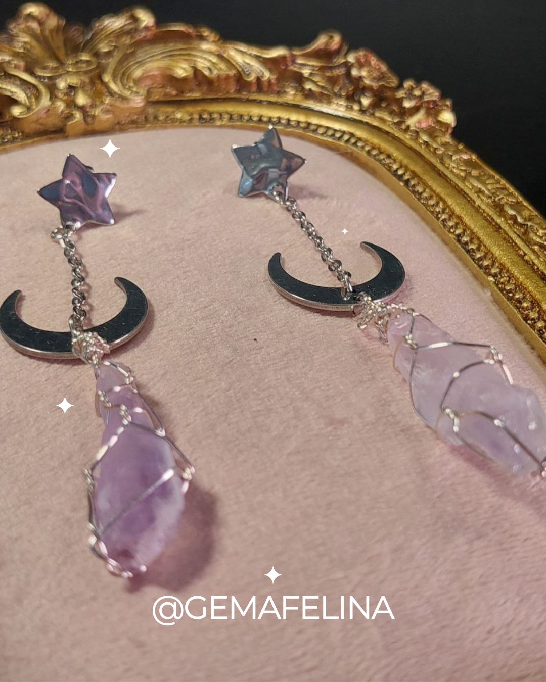 Aretes de Amatista, Luna y Estrella en Acero Inoxidable - detalles