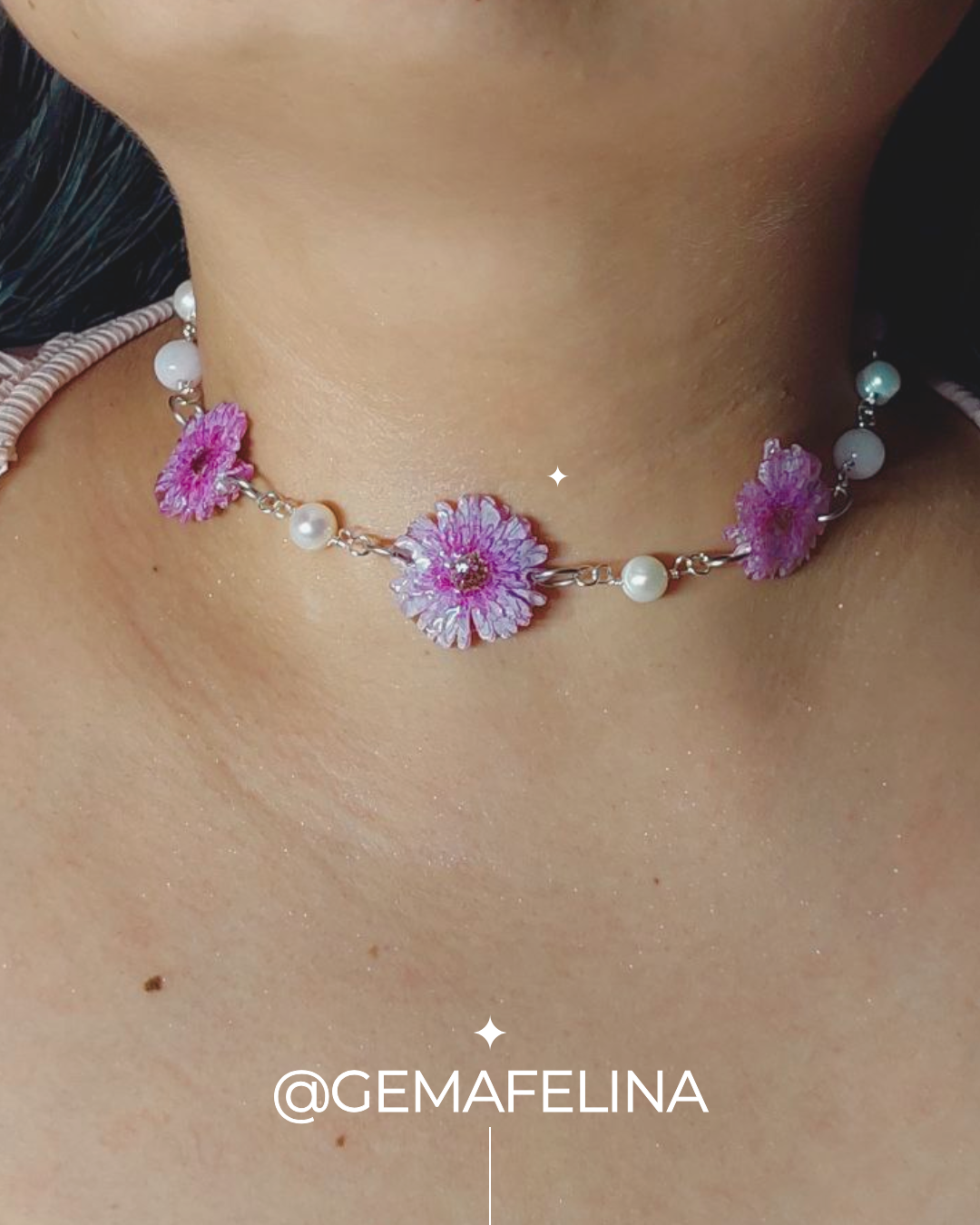 Choker de Crisantemos con Perlas Cultivadas y Cuarzo Rosa - Imagen 2